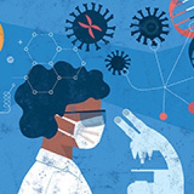 An artistic depiction of a scientist working working in a lab.