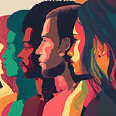 An artistic depiction of people standing next to each other while looking to the left.